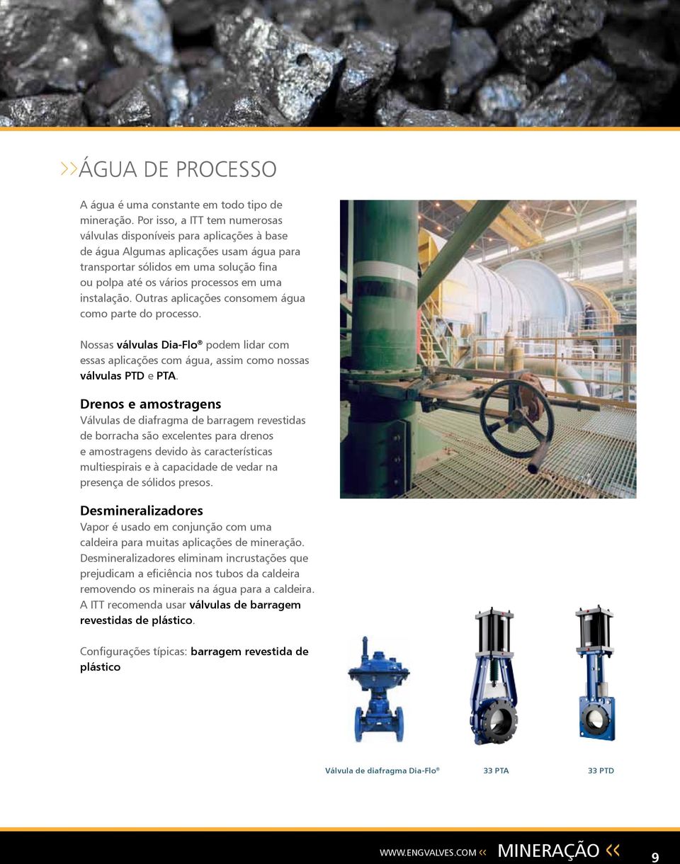 instalação. Outras aplicações consomem água como parte do processo. Nossas válvulas Dia-Flo podem lidar com essas aplicações com água, assim como nossas válvulas PTD e PTA.