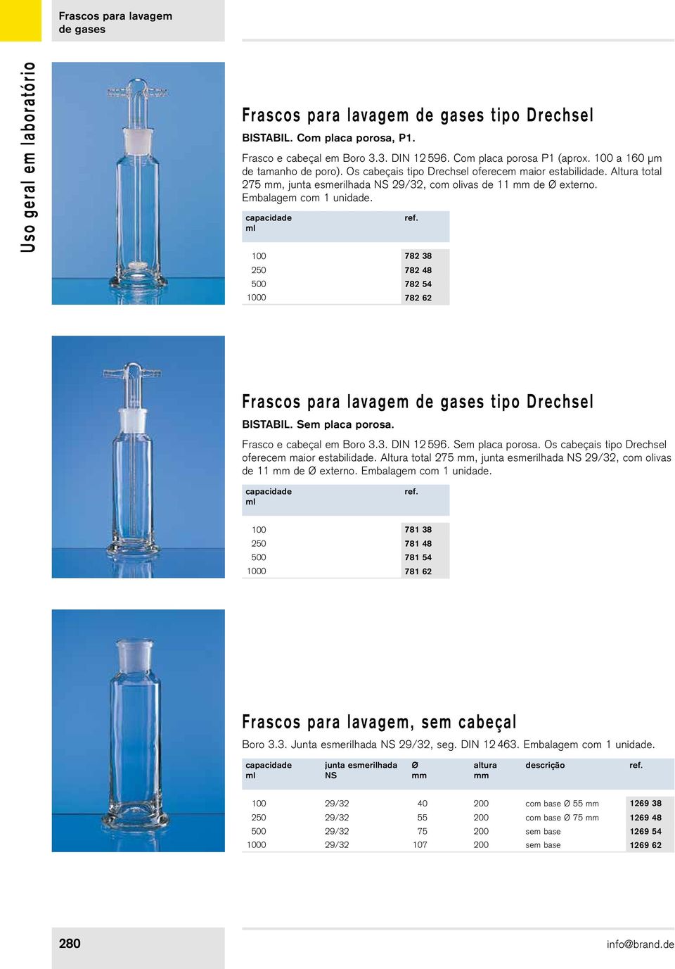 100 782 38 250 782 48 500 782 54 1000 782 62 Frascos para lavagem de gases tipo Drechsel BISTABIL. Sem placa porosa. Frasco e cabeçal em Boro 3.3. DIN 12 596. Sem placa porosa. Os cabeçais tipo Drechsel oferecem maior estabilidade.