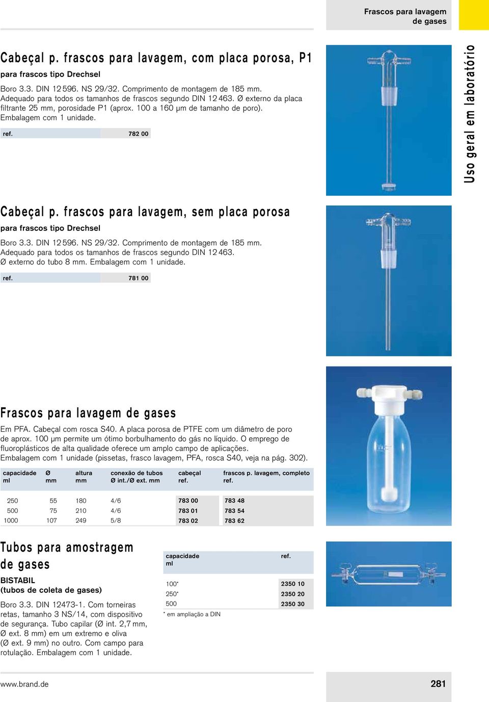 frascos para lavagem, sem placa porosa para frascos tipo Drechsel Boro 3.3. DIN 12 596. NS 29/32. Comprimento de montagem de 185. Adequado para todos os tamanhos de frascos segundo DIN 12 463.