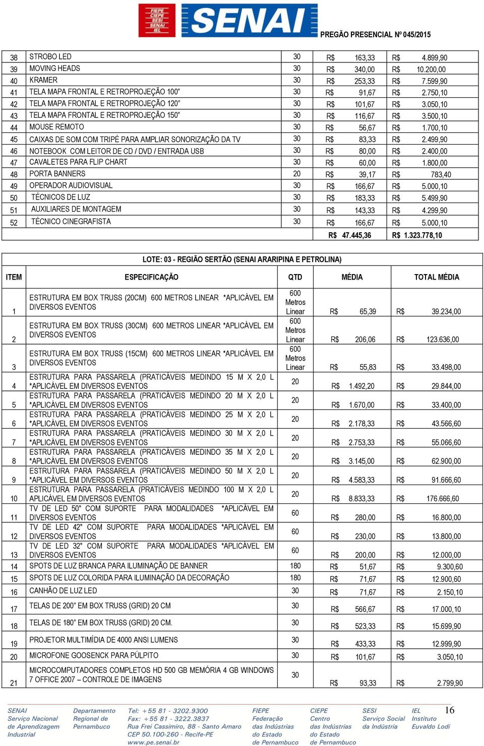 700,10 45 CAIXAS DE SOM COM TRIPÉ PARA AMPLIAR SONORIZAÇÃO DA TV 30 R$ 83,33 R$ 2.499,90 46 NOTEBOOK COM LEITOR DE CD / DVD / ENTRADA USB 30 R$ 80,00 R$ 2.