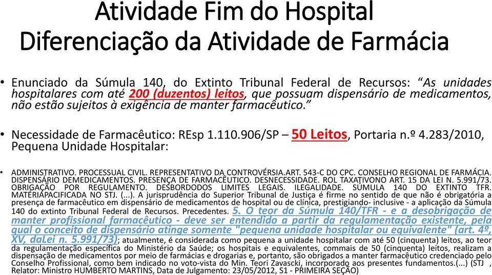 283/2010, Pequena Unidade Hospitalar: ADMINISTRATIVO. PROCESSUAL CIVIL. REPRESENTATIVO DA CONTROVÉRSIA.ART. 543-C DO CPC. CONSELHO REGIONAL DE FARMÁCIA. DISPENSÁRIO DEMEDICAMENTOS.