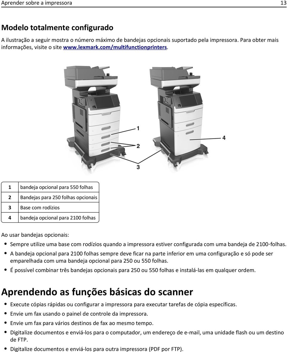 1 bandeja opcional para 550 folhas 2 Bandejas para 250 folhas opcionais 3 Base com rodízios 4 bandeja opcional para 2100 folhas Ao usar bandejas opcionais: Sempre utilize uma base com rodízios quando