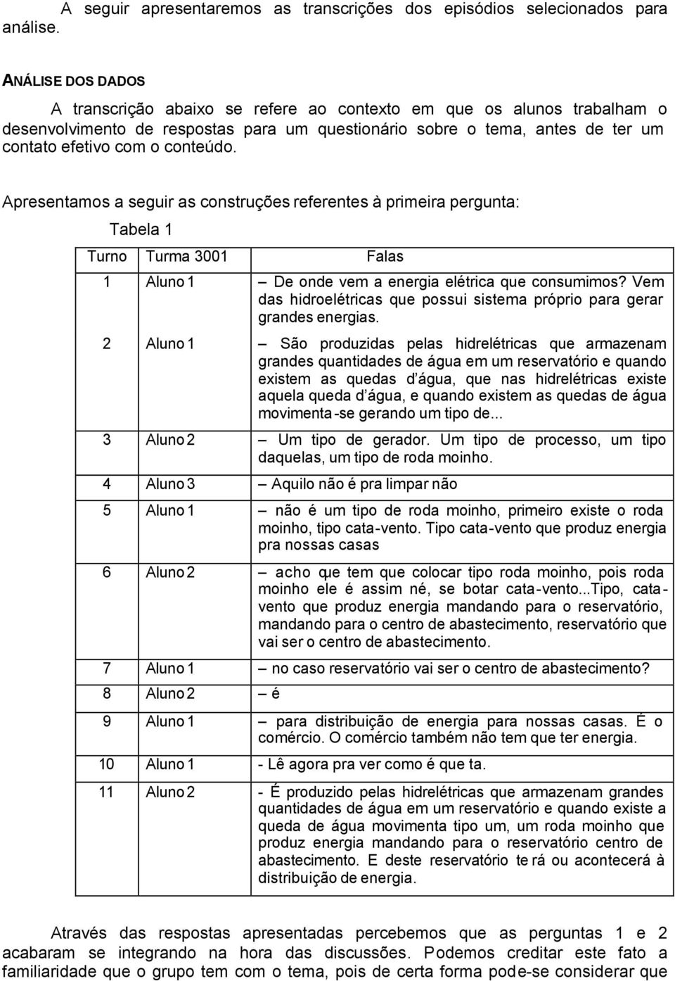 conteúdo. Apresentamos a seguir as construções referentes à primeira pergunta: Tabela 1 Turno Turma 3001 Falas 1 Aluno 1 De onde vem a energia elétrica que consumimos?