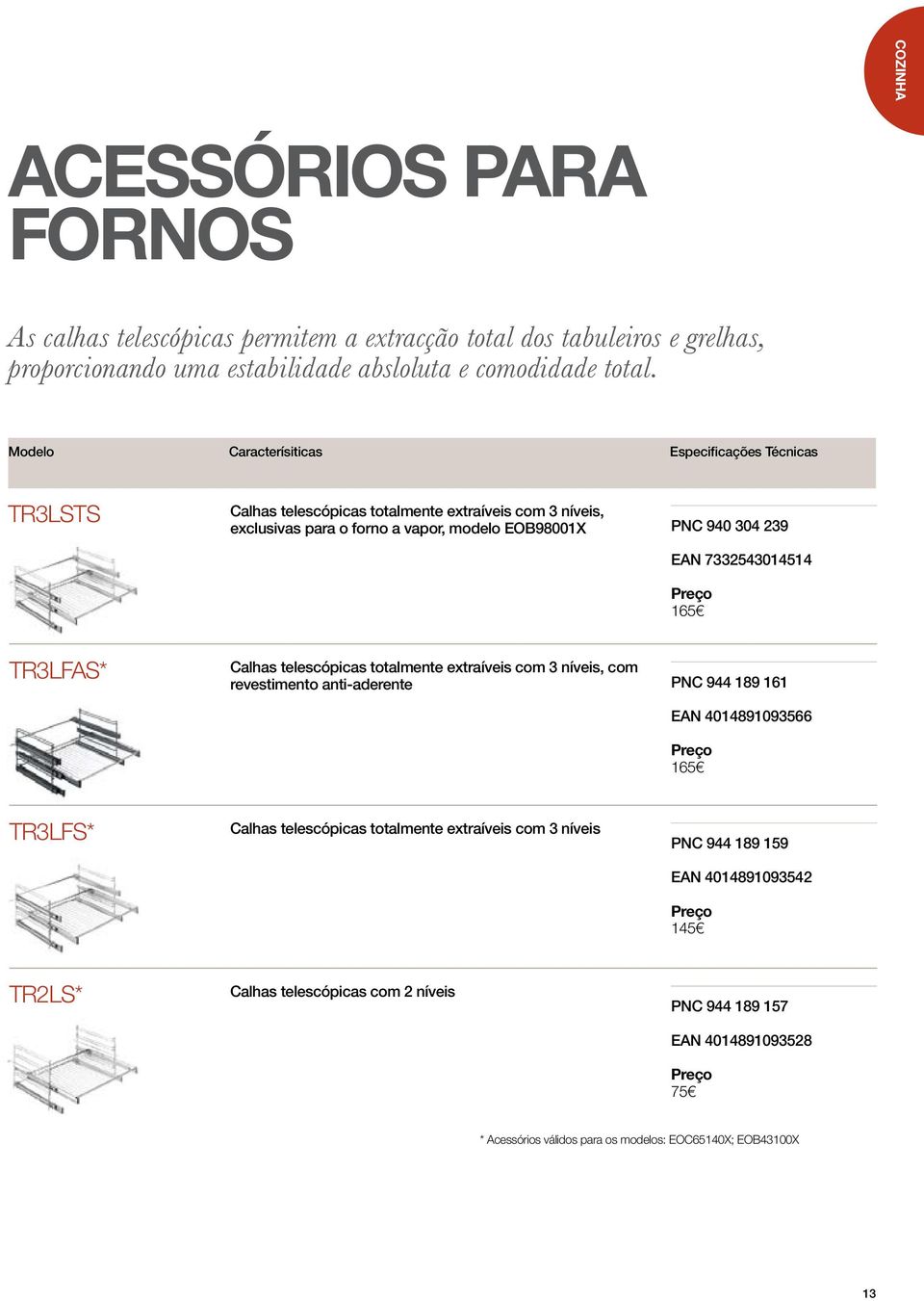 7332543014514 165 TR3LFAS* Calhas telescópicas totalmente extraíveis com 3 níveis, com revestimento anti-aderente PNC 944 189 161 EAN 4014891093566 165 TR3LFS* Calhas telescópicas