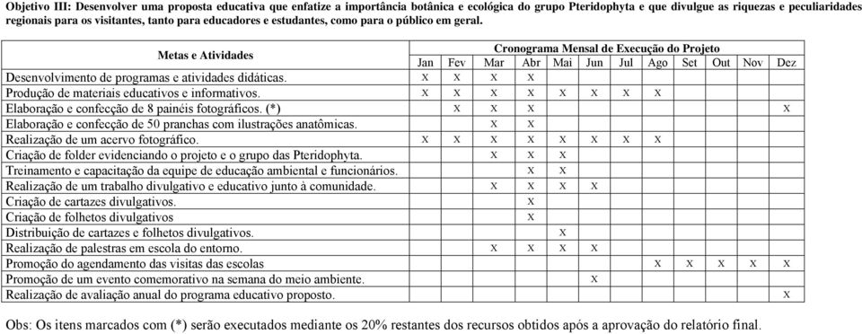 Metas e Atividades Cronograma Mensal de Execução do Projeto Jan Fev Mar Abr Mai Jun Jul Ago Set Out Nov Dez Desenvolvimento de programas e atividades didáticas.