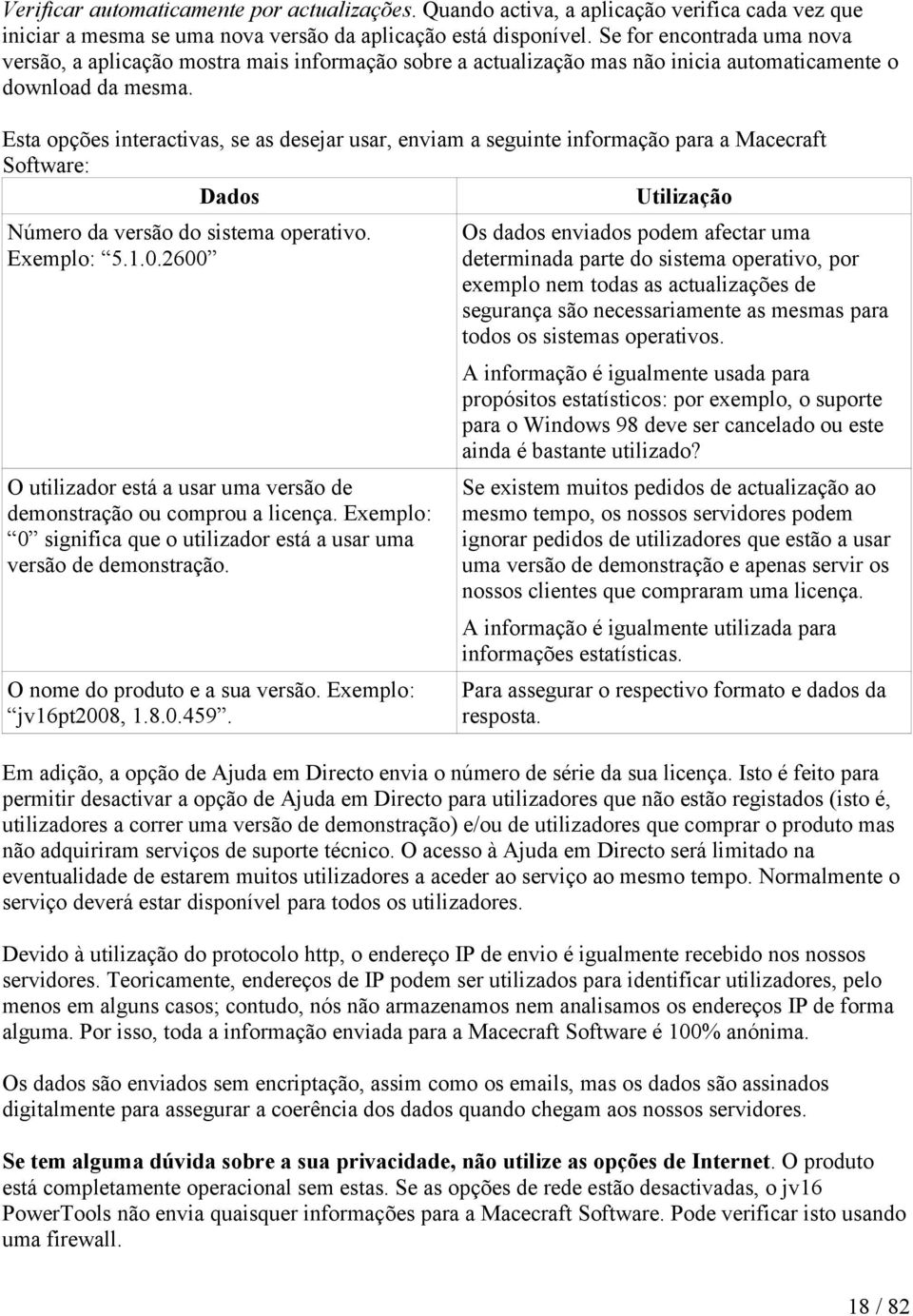 Esta opções interactivas, se as desejar usar, enviam a seguinte informação para a Macecraft Software: Dados Utilização Número da versão do sistema operativo. Exemplo: 5.1.0.