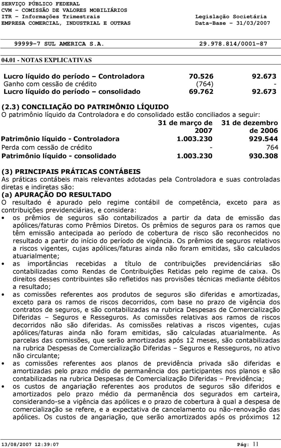 544 Perda com cessão de crédito - 764 Patrimônio líquido - consolidado 1.3.23 93.