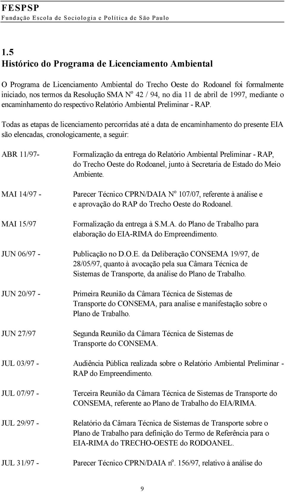 Todas as etapas de licenciamento percorridas até a data de encaminhamento do presente EIA são elencadas, cronologicamente, a seguir: ABR 11/97- MAI 14/97 - MAI 15/97 JUN 06/97 - JUN 20/97 - JUN 27/97