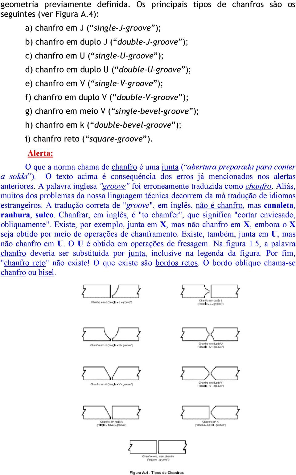 ); f) chanfro em duplo V ( double-v-groove ); g) chanfro em meio V ( single-bevel-groove ); h) chanfro em k ( double-bevel-groove ); i) chanfro reto ( square-groove ).