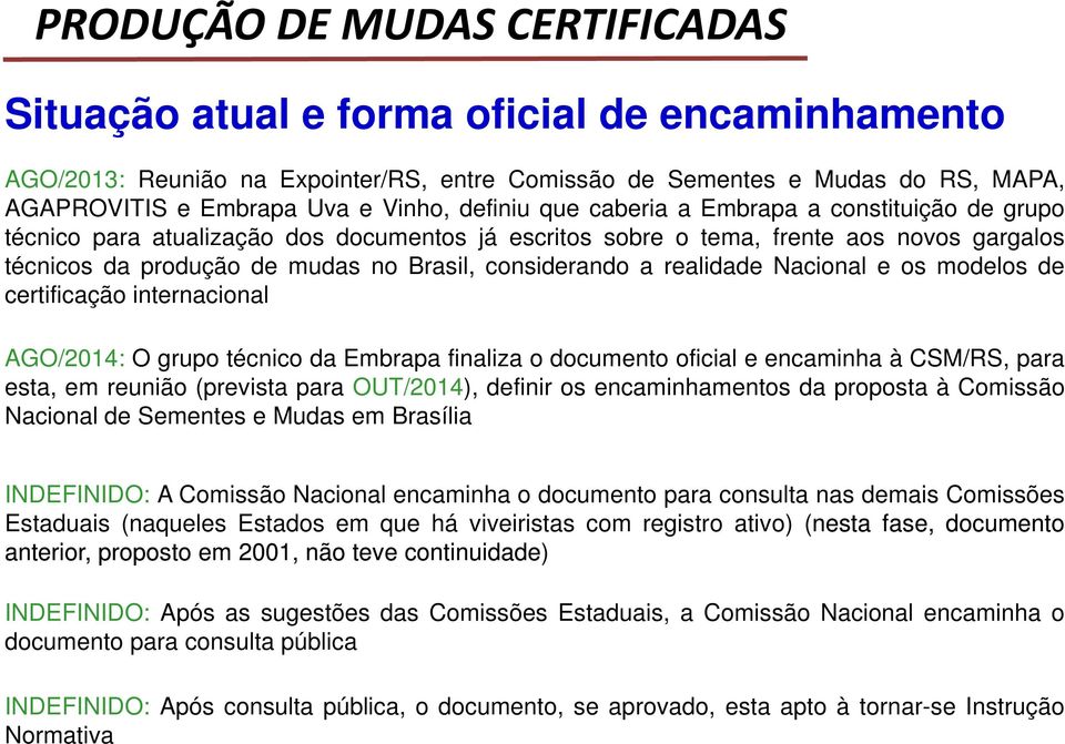 a realidade Nacional e os modelos de certificação internacional AGO/2014: O grupo técnico da Embrapa finaliza o documento oficial e encaminha à CSM/RS, para esta, em reunião (prevista para OUT/2014),