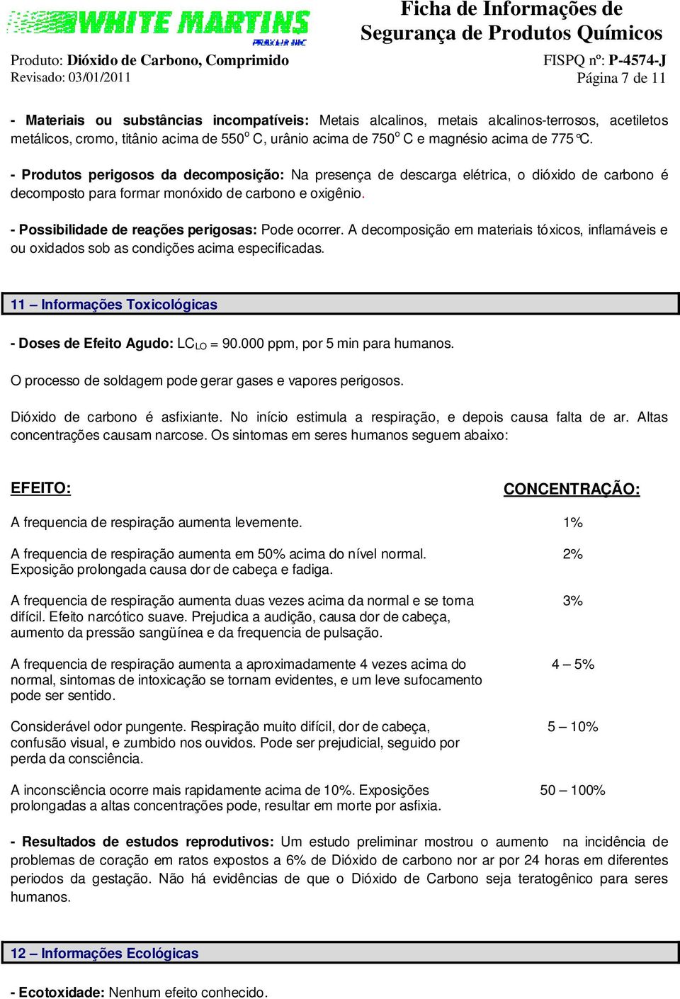 - Possibilidade de reações perigosas: Pode ocorrer. A decomposição em materiais tóxicos, inflamáveis e ou oxidados sob as condições acima especificadas.