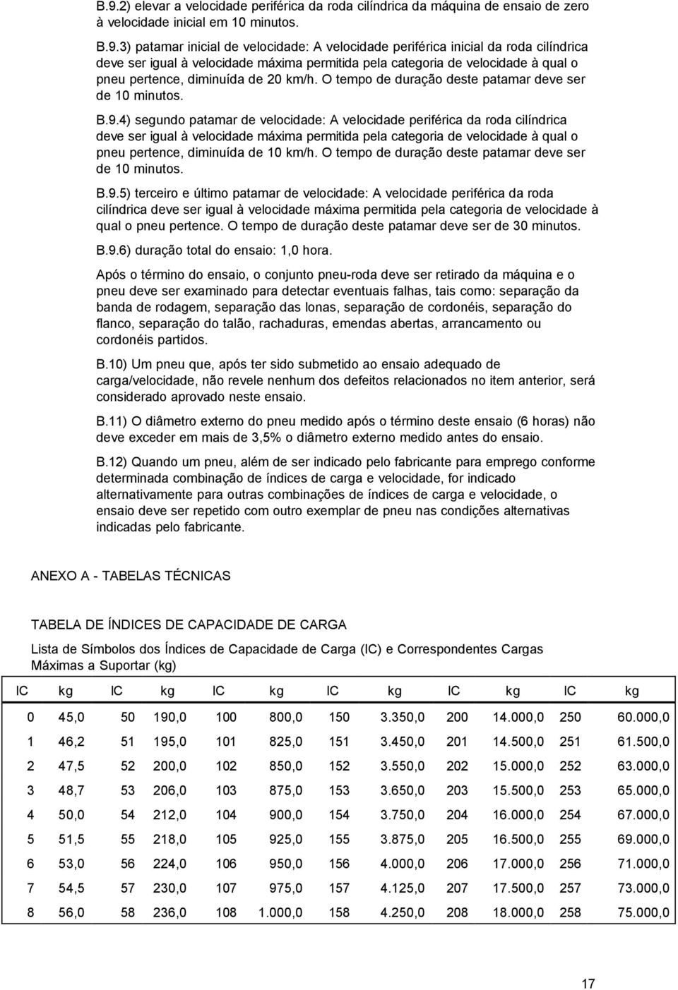 4) segundo patamar velocida: A velocida periférica da roda cilíndrica ve ser igual à velocida máxima permitida pela categoria velocida à qual o pneu pertence, diminuída 10 km/h.