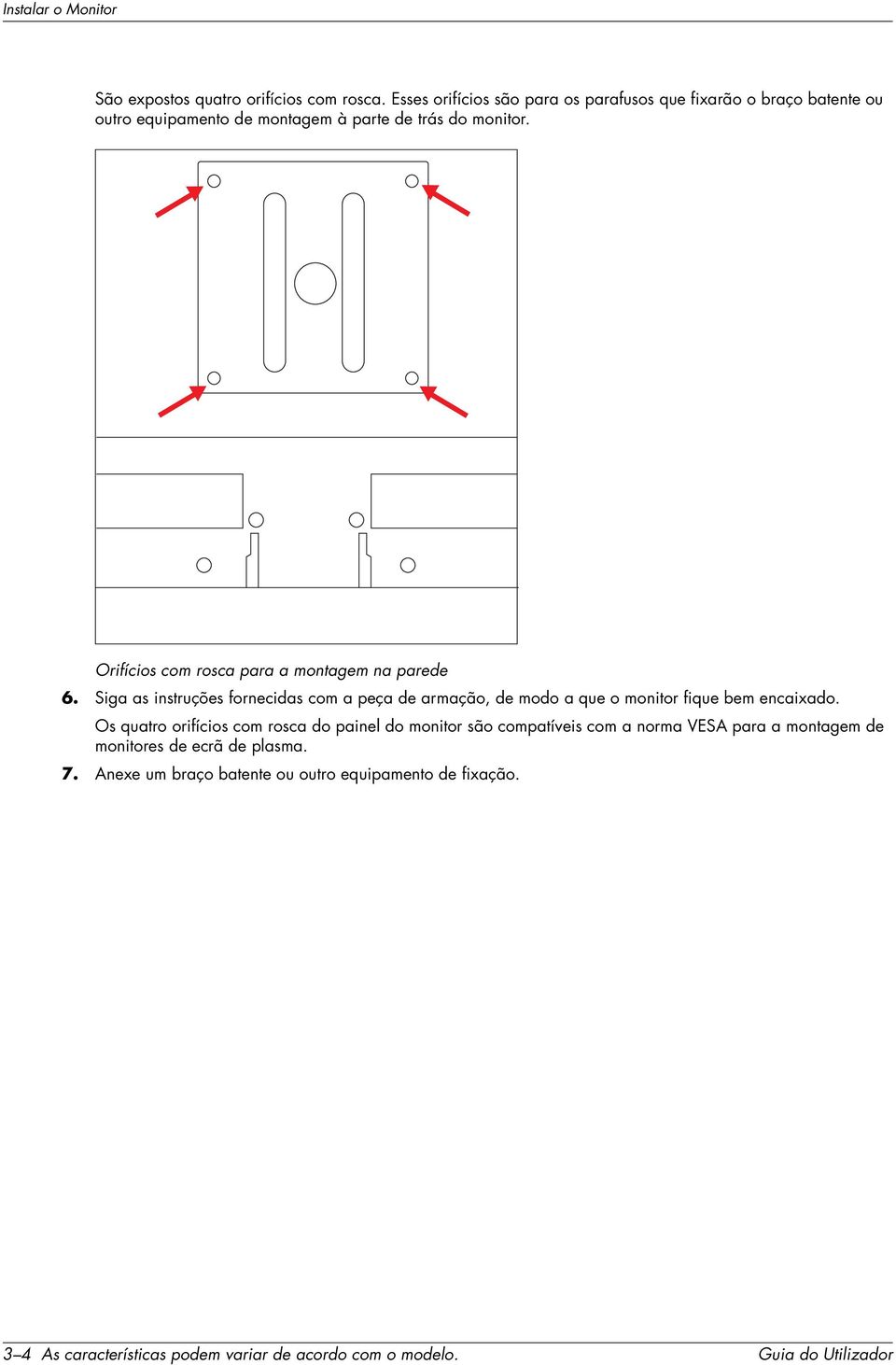 Orifícios com rosca para a montagem na parede 6. Siga as instruções fornecidas com a peça de armação, de modo a que o monitor fique bem encaixado.