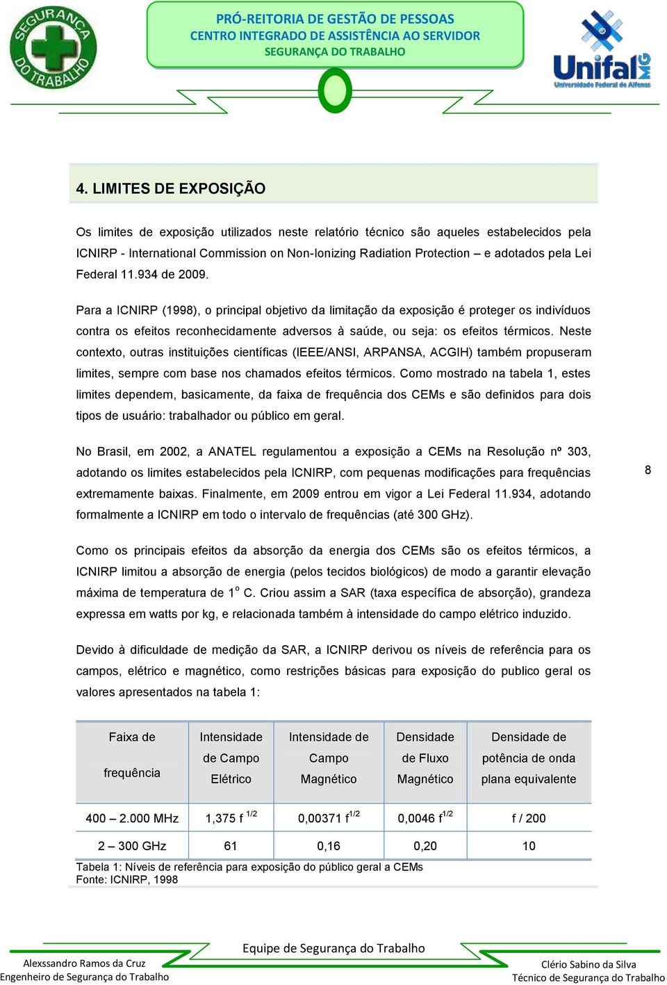 Para a ICNIRP (1998), o principal objetivo da limitação da exposição é proteger os indivíduos contra os efeitos reconhecidamente adversos à saúde, ou seja: os efeitos térmicos.