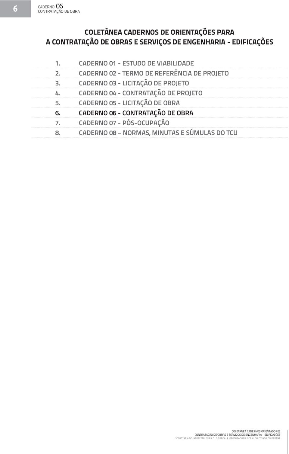 CADERNO 04 - CONTRATAÇÃO DE PROJETO 5. CADERNO 05 - LICITAÇÃO DE OBRA 6. CADERNO 06 - CONTRATAÇÃO DE OBRA 7. CADERNO 07 - PÓS-OCUPAÇÃO 8.