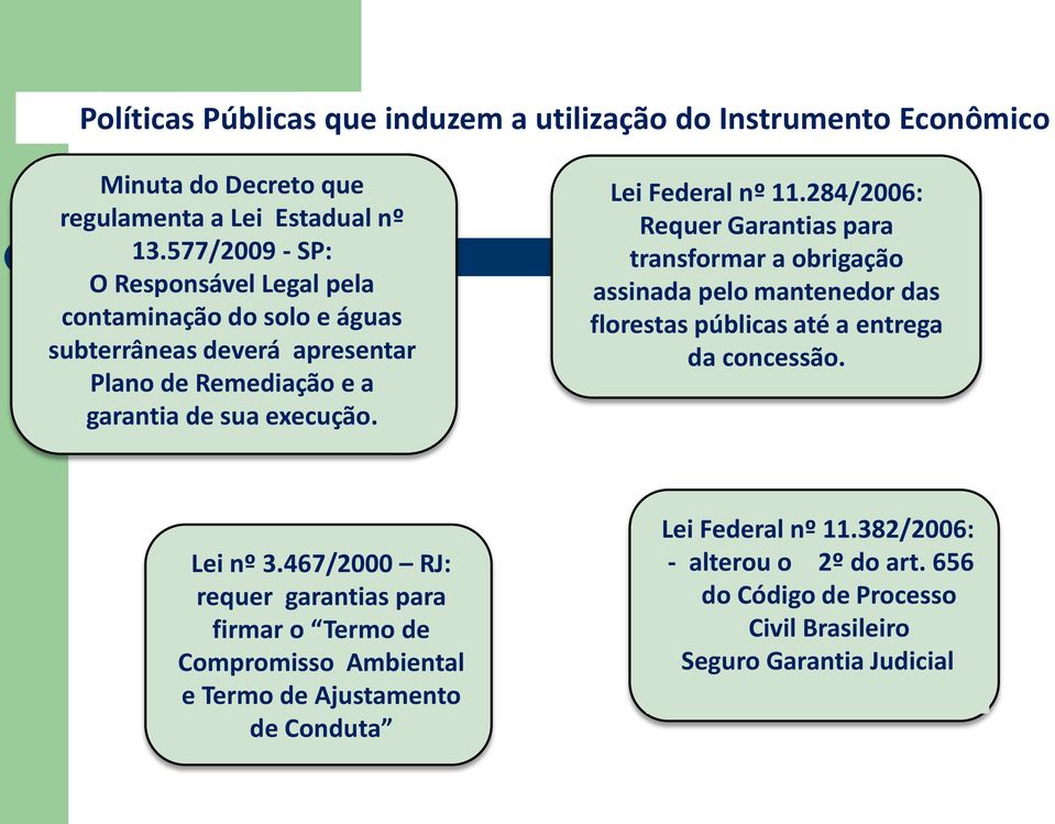 Lei Federal nº 11.284/2006: Requer Garantias para transformar a obrigação assinada pelo mantenedor das florestas públicas até a entrega da concessão. Lei nº 3.