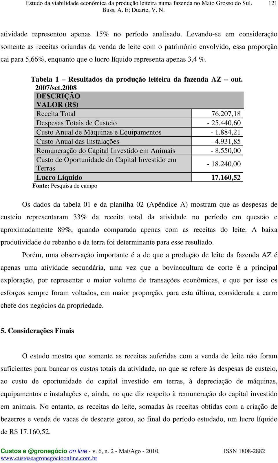 Tabela 1 Resultados da produção leiteira da fazenda AZ out. 2007/set.2008 DESCRIÇÃO VALOR (R$) Receita Total 76.207,18 Despesas Totais de Custeio - 25.