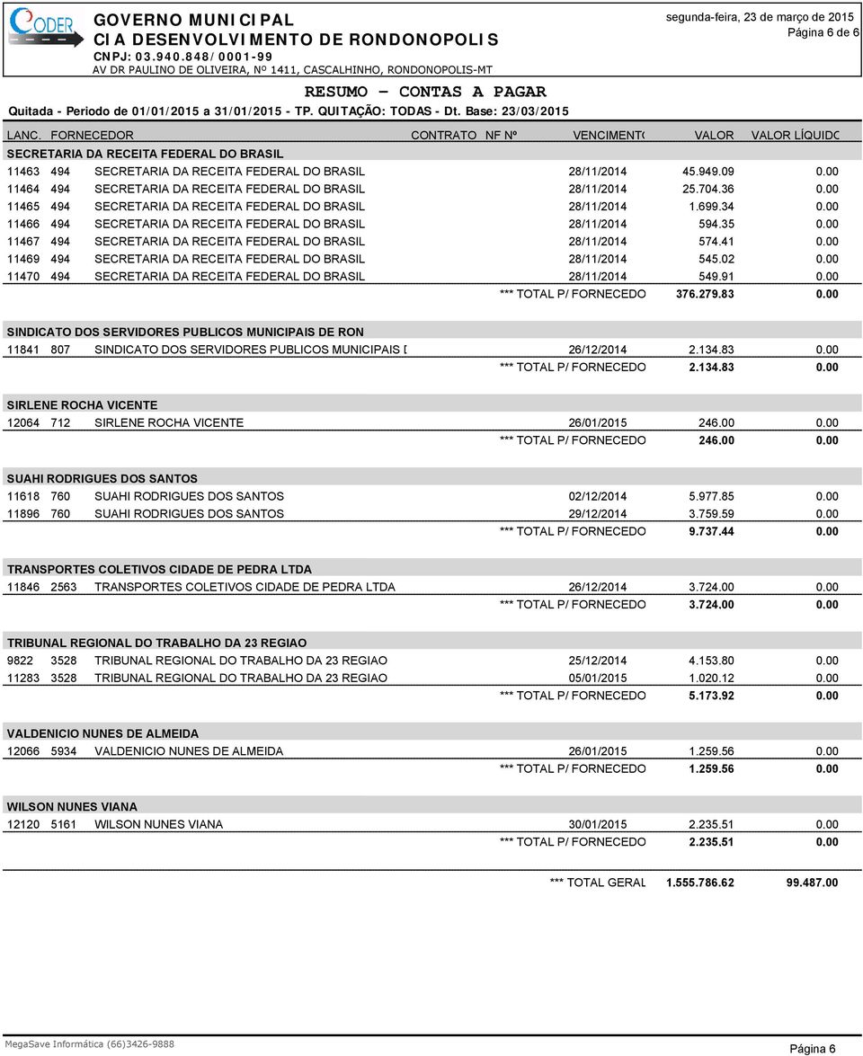 996/2014 RFB DEMAIS DEBITOS (4750) 28/11/2014 - PARC. 04 1.699,34 11466 O.F.: 494 3701/2014 SECRETARIA - MEN: 3730/2014: DA RECEITA PARCELAMENTO FEDERAL DO LEI BRASIL 12.