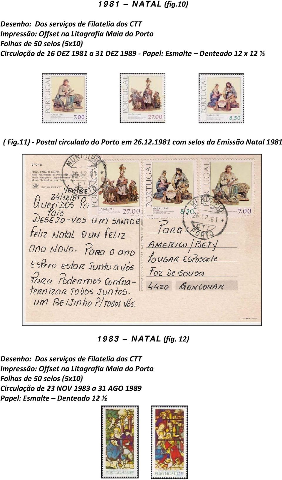 Papel: Esmalte Denteado 12 x 12 ½ ( Fig.11) - Postal circulado do Porto em 26.12.1981 com selos da Emissão Natal 1981 1983 NATAL (fig.