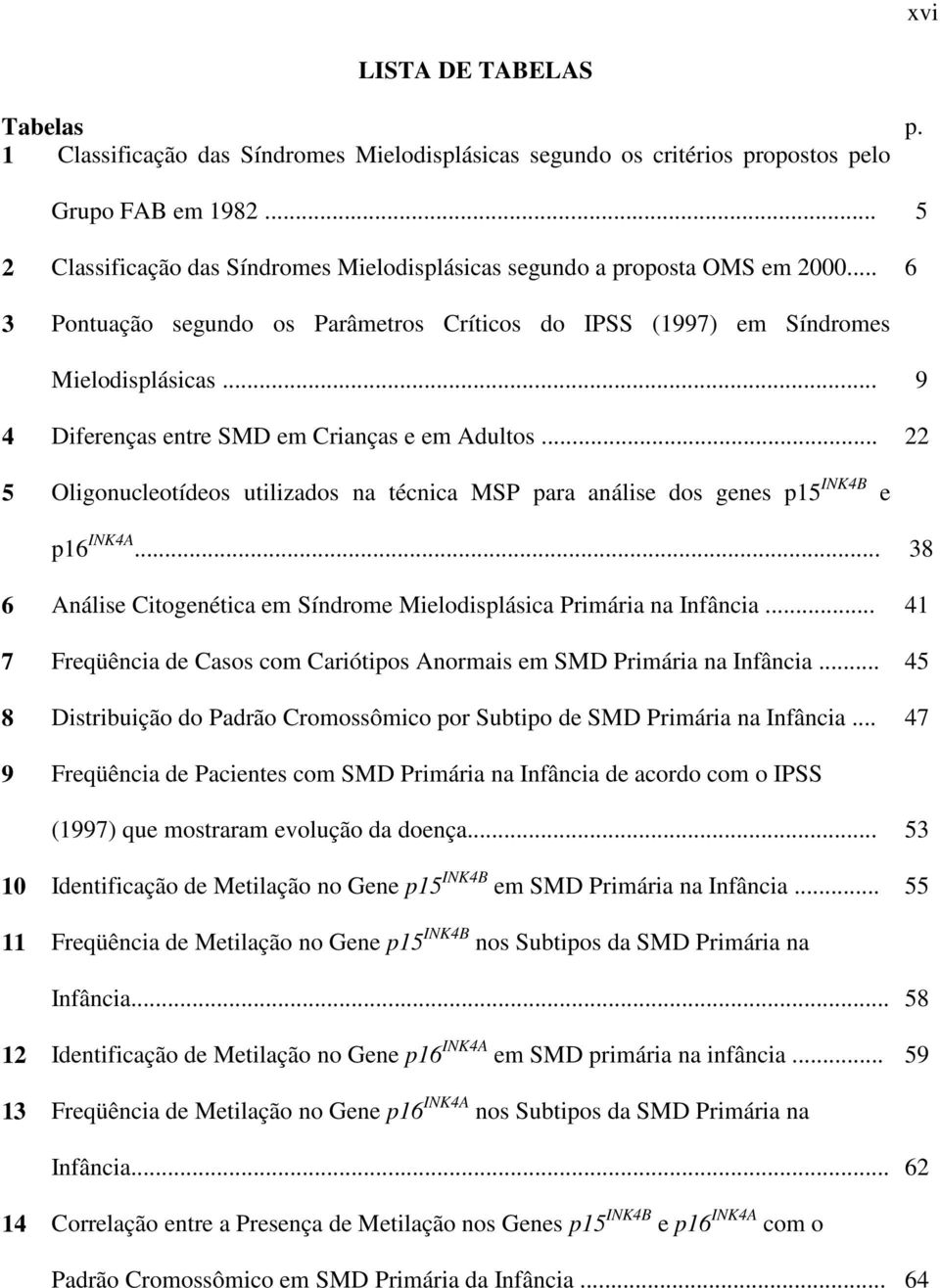 .. 9 4 Diferenças entre SMD em Crianças e em Adultos... 22 5 Oligonucleotídeos utilizados na técnica MSP para análise dos genes p15 INK4B e p16 INK4A.