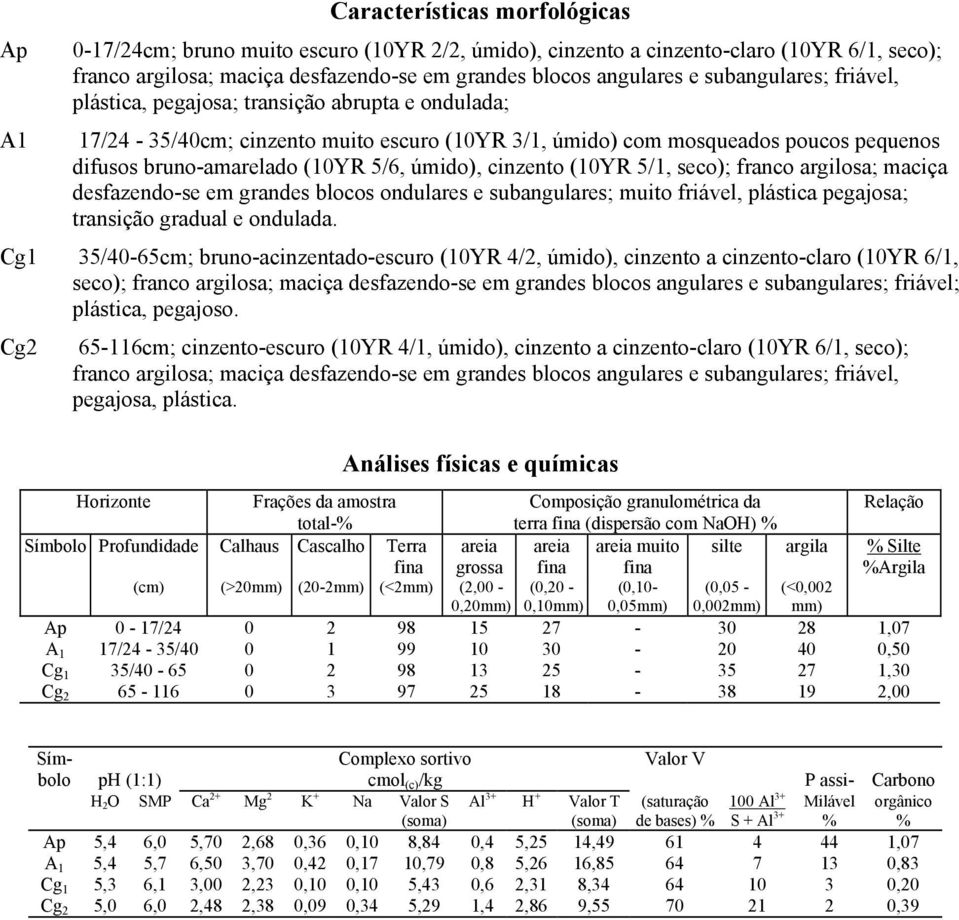 franco argilosa; maciça desfazendo-se em grandes blocos ondulares e subangulares; muito friável, plástica pegajosa; transição gradual e ondulada.