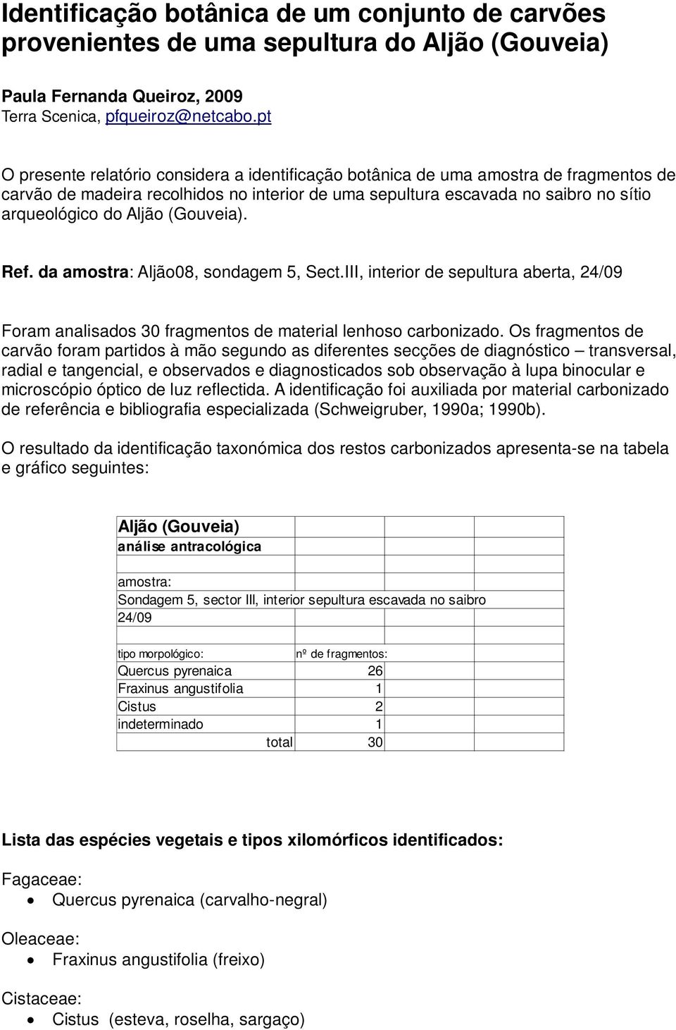 (Gouveia). Ref. da amostra: Aljão08, sondagem 5, Sect.III, interior de sepultura aberta, 24/09 Foram analisados 30 fragmentos de material lenhoso carbonizado.