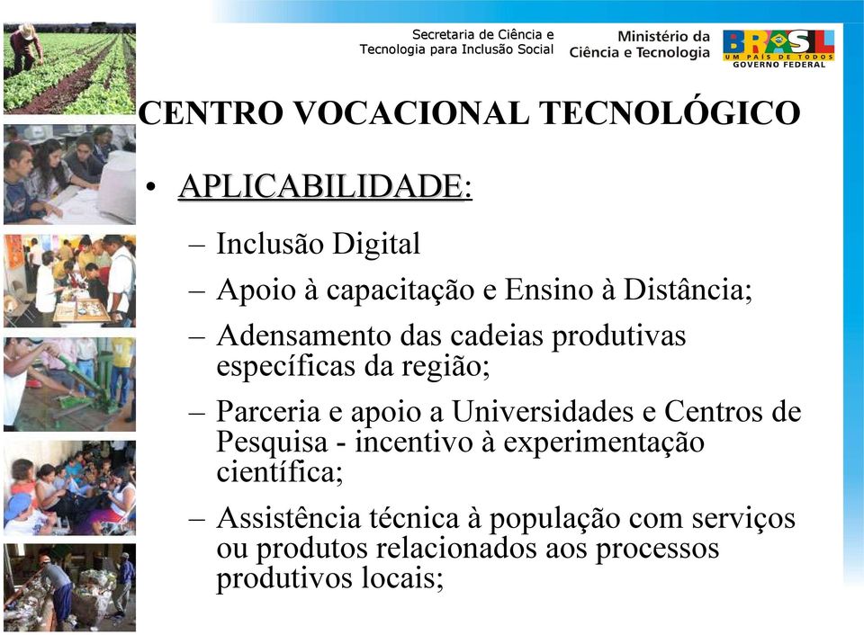 Universidades e Centros de Pesquisa - incentivo à experimentação científica;