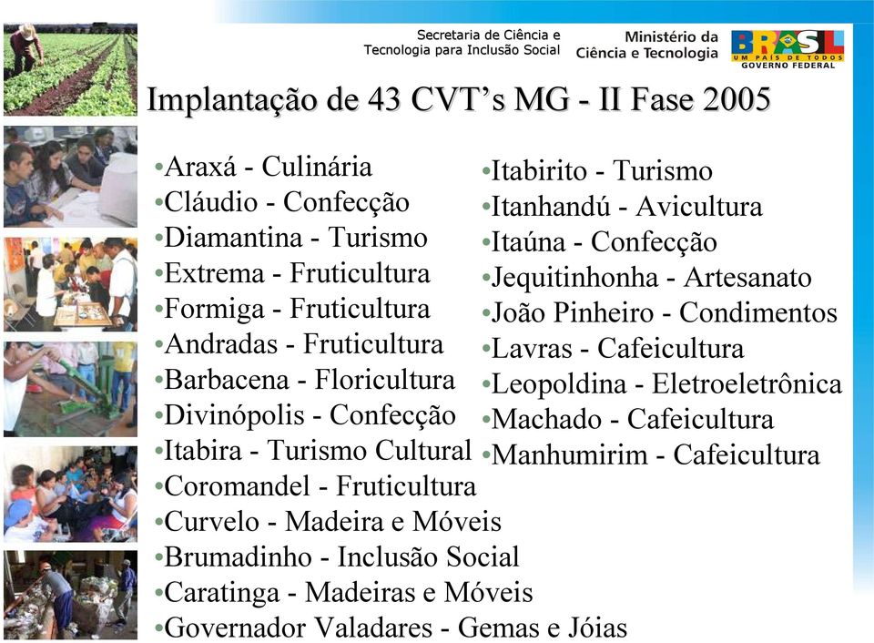 Cafeicultura Barbacena - Floricultura Leopoldina - Eletroeletrônica Divinópolis - Confecção Machado - Cafeicultura Itabira - Turismo Cultural Manhumirim