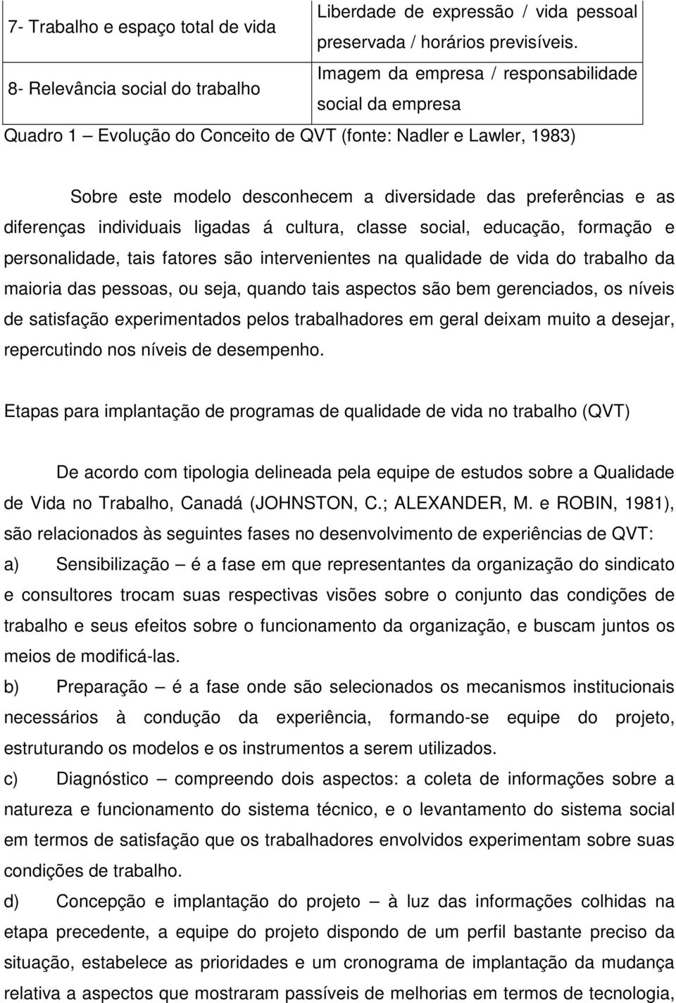 das preferências e as diferenças individuais ligadas á cultura, classe social, educação, formação e personalidade, tais fatores são intervenientes na qualidade de vida do trabalho da maioria das