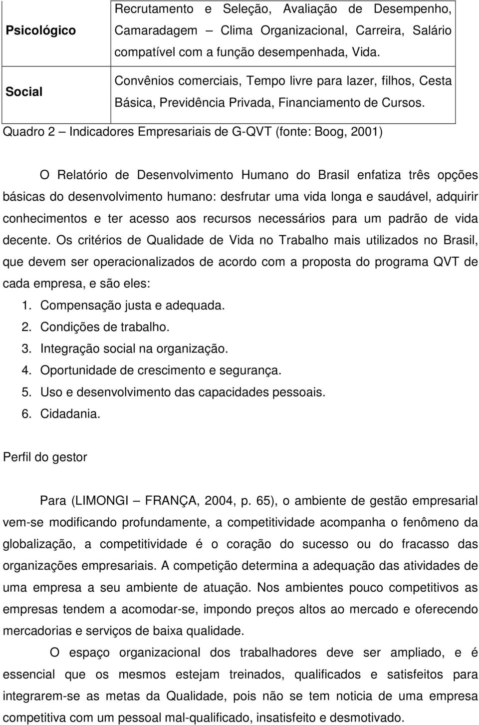 Quadro 2 Indicadores Empresariais de G-QVT (fonte: Boog, 2001) O Relatório de Desenvolvimento Humano do Brasil enfatiza três opções básicas do desenvolvimento humano: desfrutar uma vida longa e