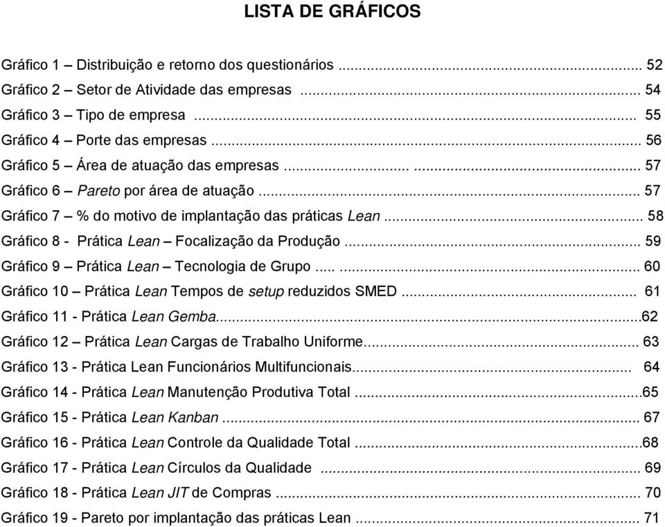 .. 58 Gráfico 8 - Prática Lean Focalização da Produção... 59 Gráfico 9 Prática Lean Tecnologia de Grupo...... 60 Gráfico 10 Prática Lean Tempos de setup reduzidos SMED.