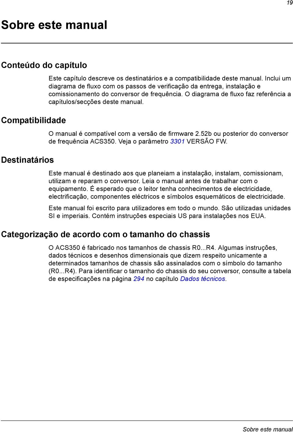 O manual é compatível com a versão de firmware 2.52b ou posterior do conversor de frequência ACS350. Veja o parâmetro 3301 VERSÃO FW.