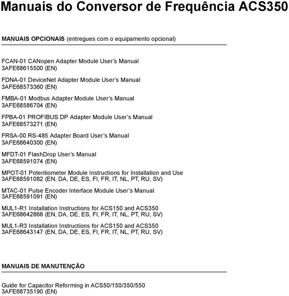 3AFE68640300 (EN) MFDT-01 FlashDrop User s Manual 3AFE68591074 (EN) MPOT-01 Potentiometer Module Instructions for Installation and Use 3AFE68591082 (EN, DA, DE, ES, FI, FR, IT, NL, PT, RU, SV)