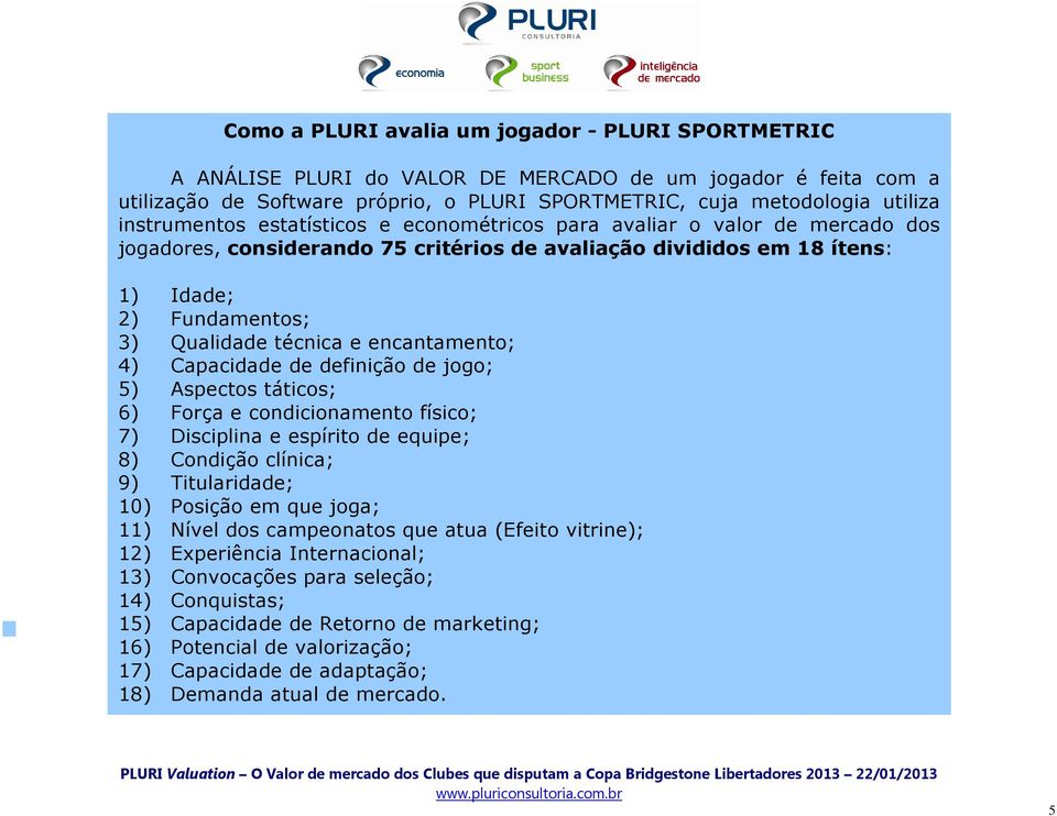 encantamento; 4) Capacidade de definição de jogo; 5) Aspectos táticos; 6) Força e condicionamento físico; 7) Disciplina e espírito de equipe; 8) Condição clínica; 9) Titularidade; 10) Posição em que