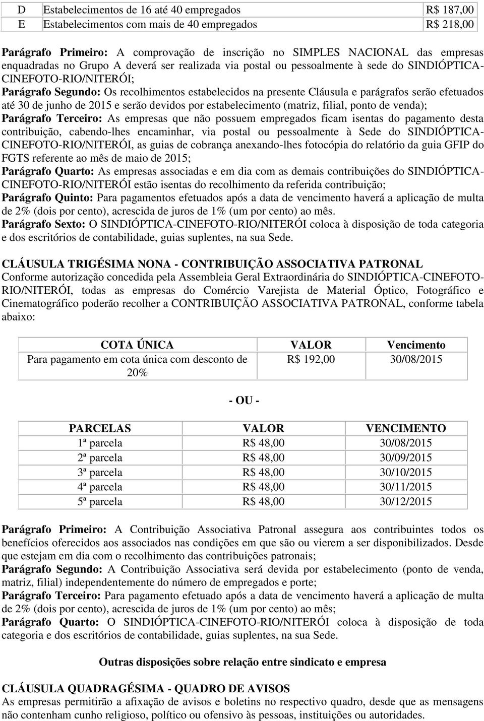 efetuados até 30 de junho de 2015 e serão devidos por estabelecimento (matriz, filial, ponto de venda); Parágrafo Terceiro: As empresas que não possuem empregados ficam isentas do pagamento desta