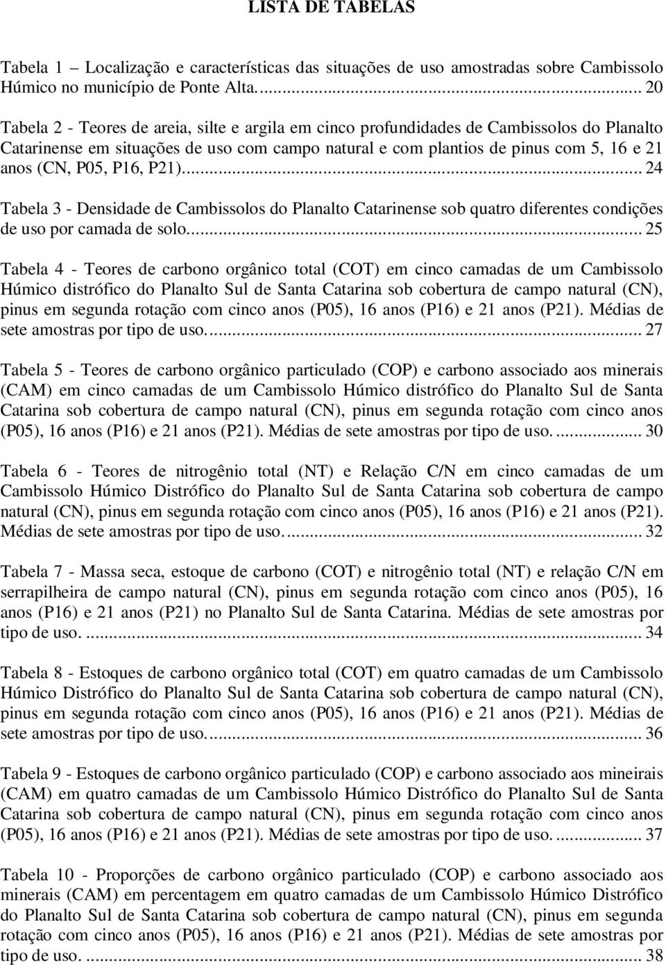 P05, P16, P21).... 24 Tabela 3 - Densidade de Cambissolos do Planalto Catarinense sob quatro diferentes condições de uso por camada de solo.