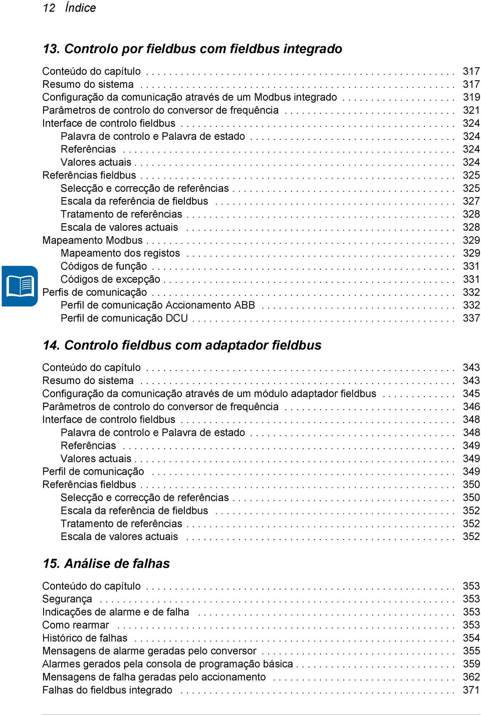 ............................. 321 Interface de controlo fieldbus................................................ 324 Palavra de controlo e Palavra de estado.................................... 324 Referências.