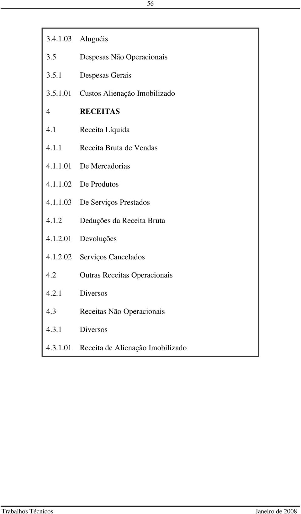 1.2 Deduções da Receita Bruta 4.1.2.01 Devoluções 4.1.2.02 Serviços Cancelados 4.2 Outras Receitas Operacionais 4.2.1 Diversos 4.