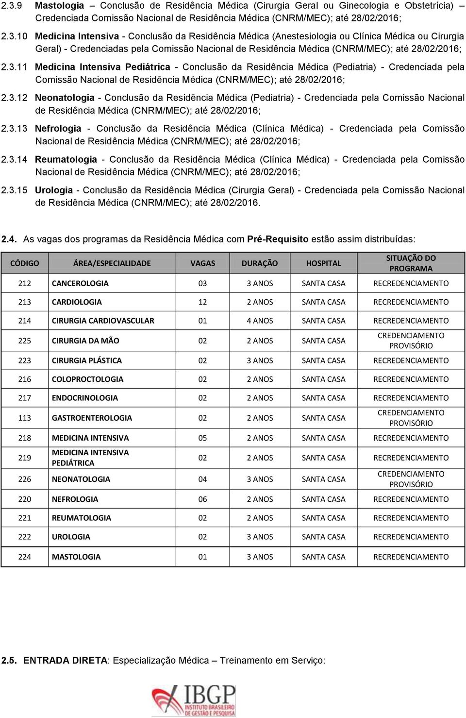 11 Medicina Intensiva Pediátrica - Conclusão da Residência Médica (Pediatria) - Credenciada pela Comissão Nacional de Residência Médica (CNRM/MEC); até 28/02/2016; 2.3.