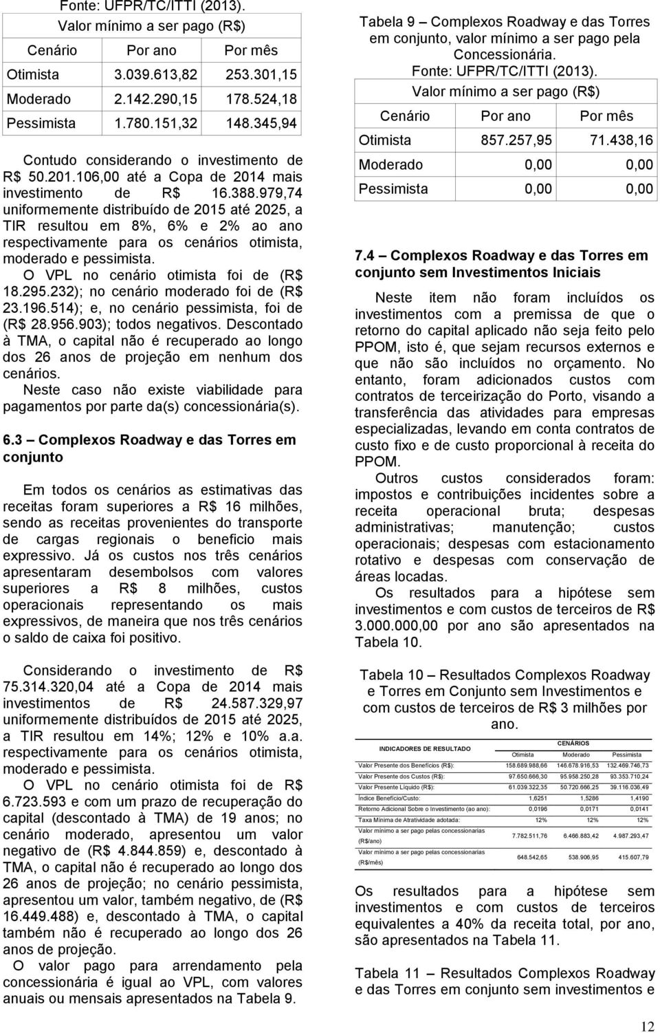 979,74 uniformemente distribuído de 2015 até 2025, a TIR resultou em 8%, 6% e 2% ao ano respectivamente para os cenários otimista, moderado e pessimista. O VPL no cenário otimista foi de (R$ 18.295.