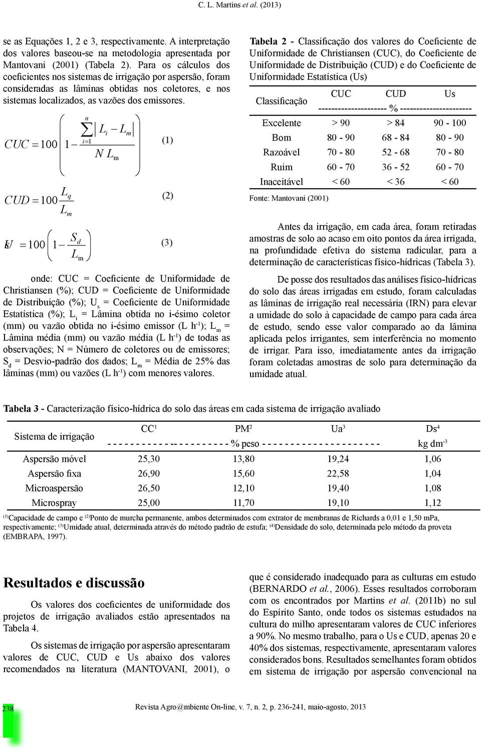 CUC = 100 1 CUD = 100 Us L L q m S 100 1 = d Lm n i= 1 L L i N L m onde: CUC = Coeficiente de Uniformidade de Christiansen (%); CUD = Coeficiente de Uniformidade de Distribuição (%); U s =