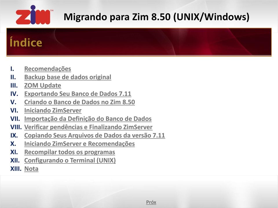 Importação da Definição do Banco de Dados VIII. Verificar pendências e Finalizando ZimServer IX.