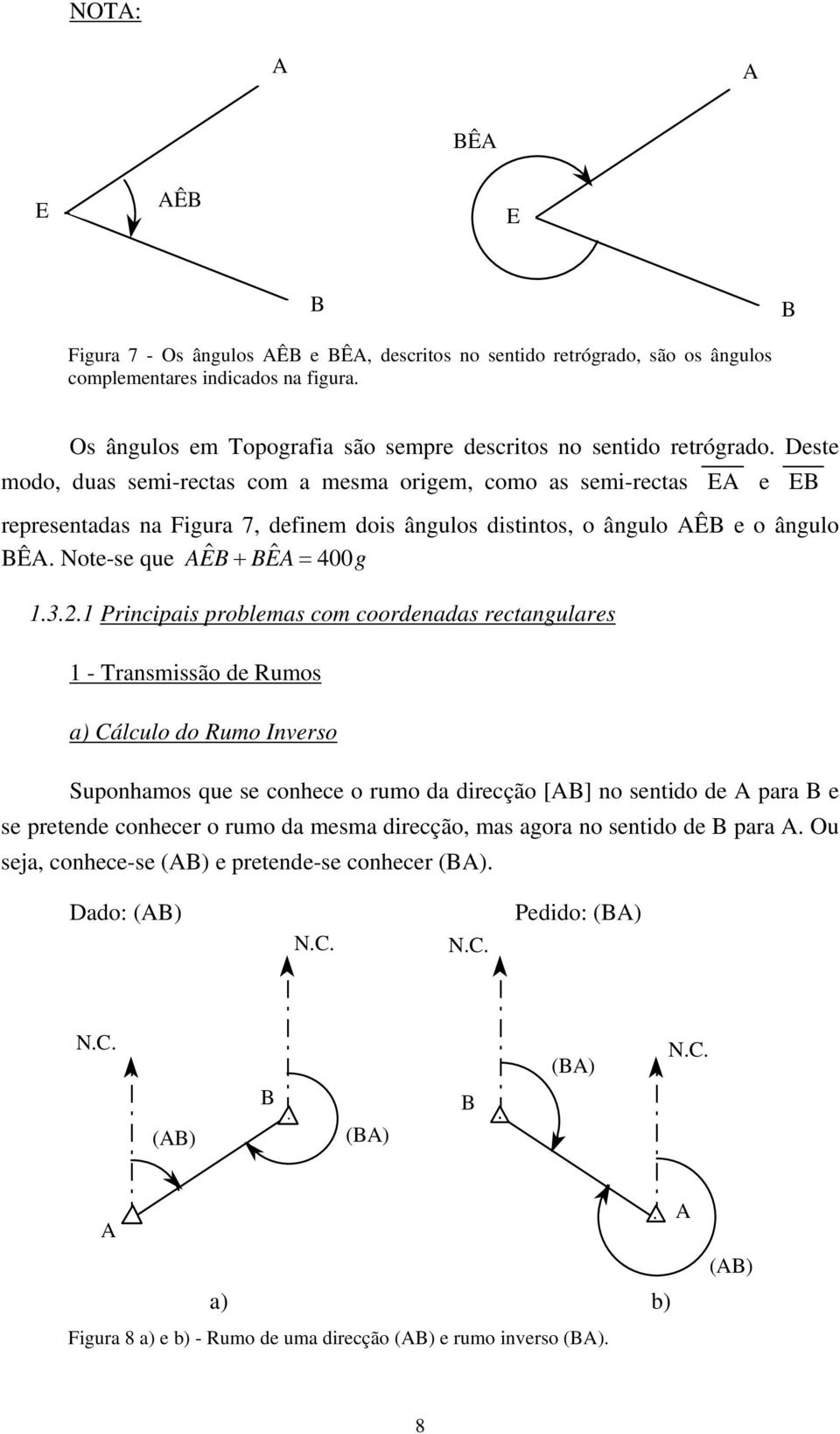 Deste modo, duas semi-rectas com a mesma origem, como as semi-rectas EA e EB representadas na Figura 7, definem dois ângulos distintos, o ângulo AÊB e o ângulo BÊA. Note-se que AEB ˆ + BEA ˆ = 400g 1.