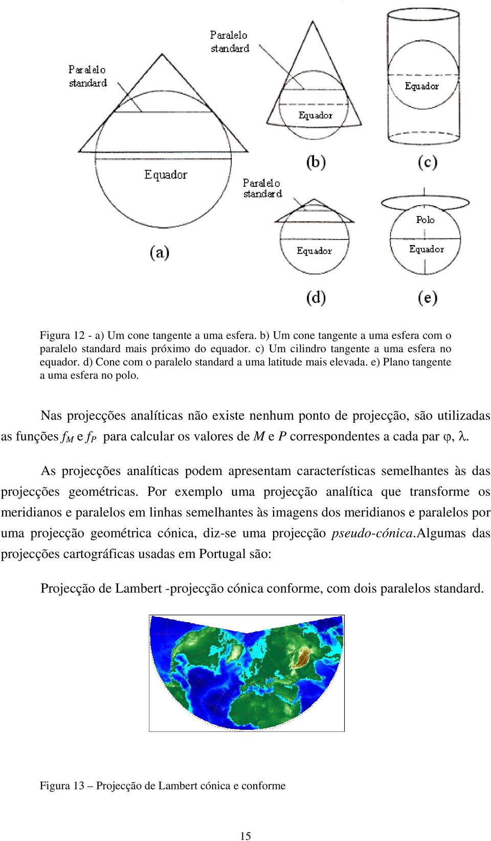 Nas projecções analíticas não existe nenhum ponto de projecção, são utilizadas as funções f M e f P para calcular os valores de M e P correspondentes a cada par ϕ, λ.