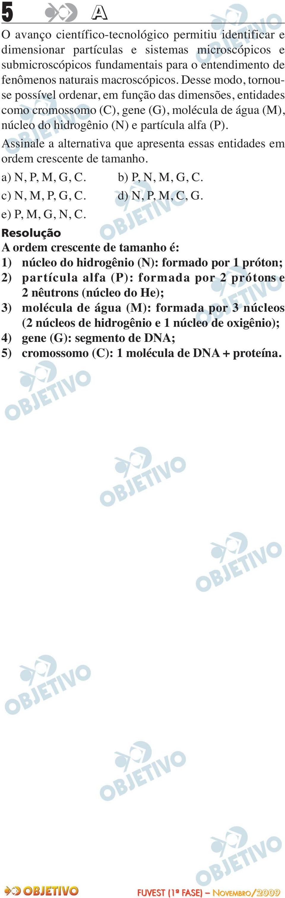 Assinale a alternativa que apresenta essas entidades em ordem crescente de tamanho. a) N, P, M, G, C. b) P, N, M, G, C. c) N, M, P, G, C. d) N, P, M, C, G. e) P, M, G, N, C.