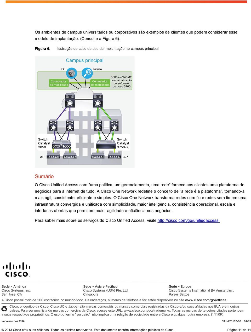 Ilustração do caso de uso da implantação no campus principal Sumário O Cisco Unified Access com "uma política, um gerenciamento, uma rede" fornece aos clientes uma plataforma de negócios para a