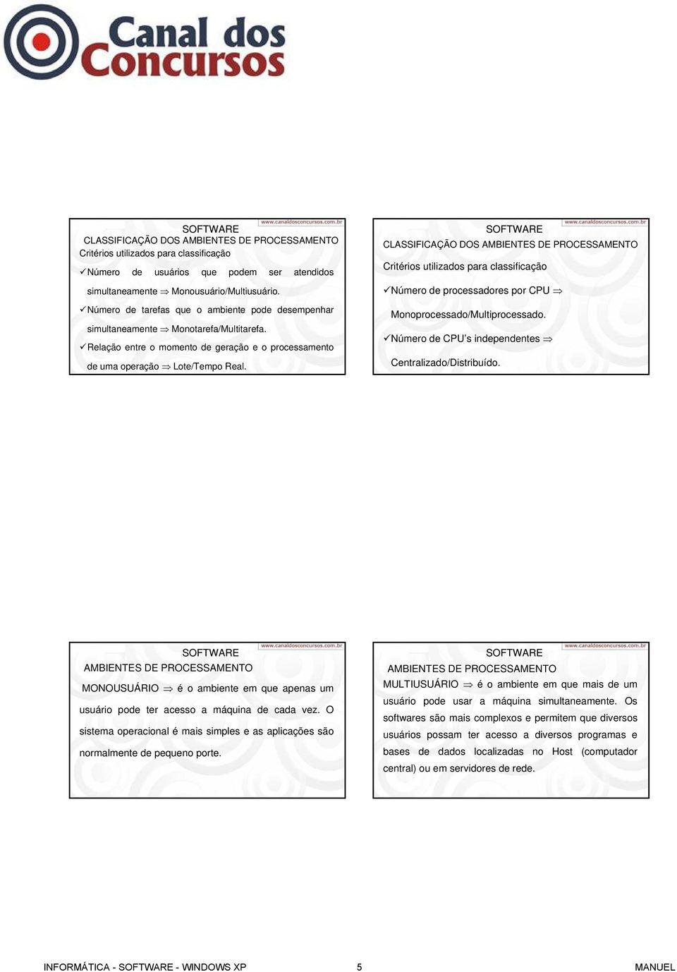 CLASSIFICAÇÃO DOS AMBIENTES DE PROCESSAMENTO Critérios utilizados para classificação Número de processadores por CPU Monoprocessado/Multiprocessado.