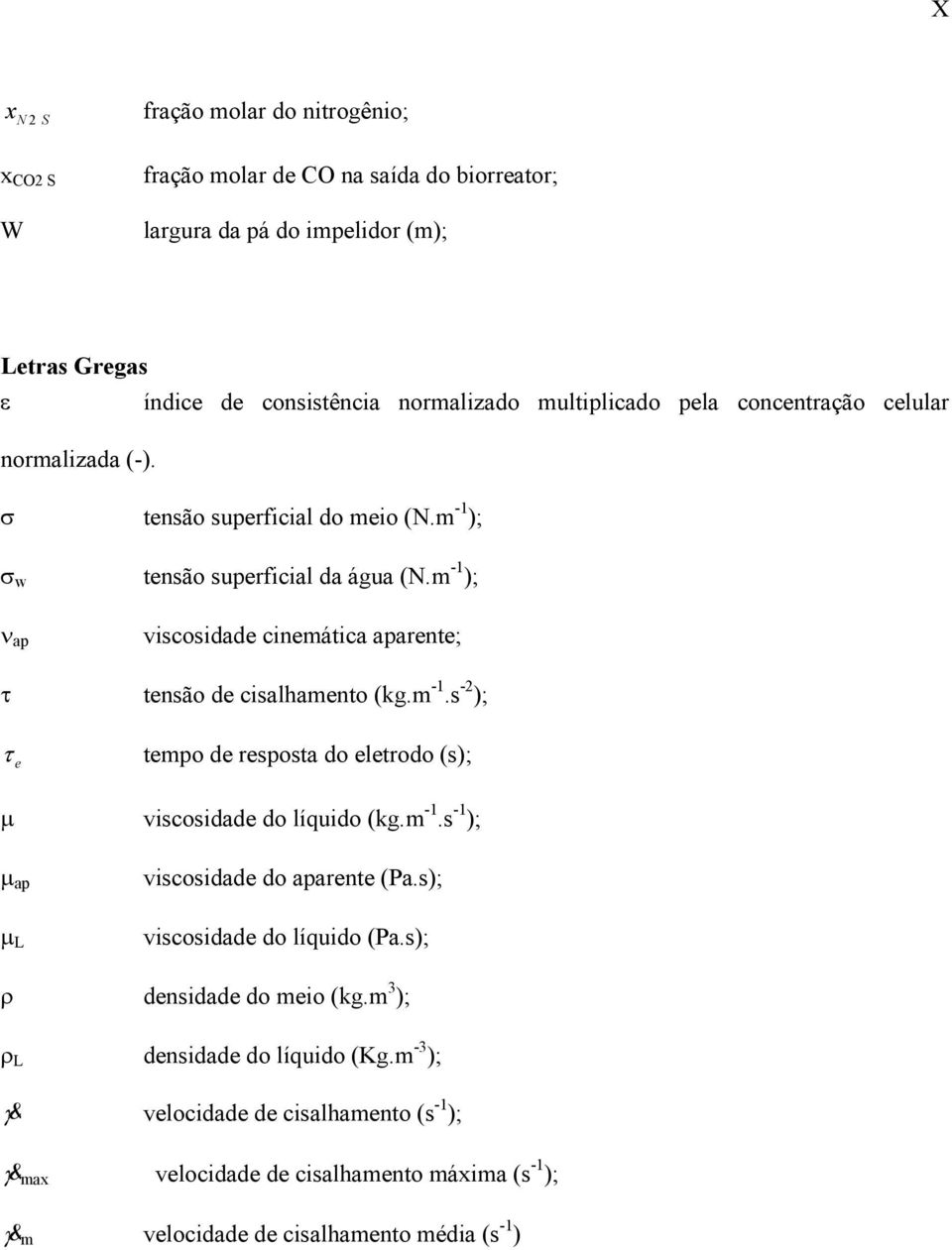 m -1 ); ν ap viscosidade cinemática aparente; τ tensão de cisalhamento (kg.m -1.s -2 ); τ e tempo de resposta do eletrodo (s); µ viscosidade do líquido (kg.m -1.s -1 ); µ ap viscosidade do aparente (Pa.