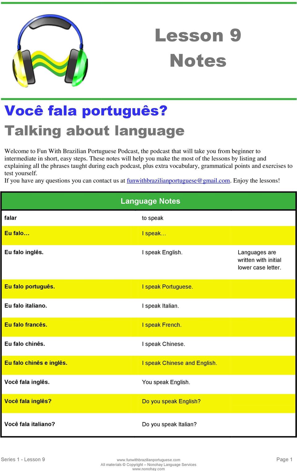 If you have any questions you can contact us at funwithbrazilianportuguese@gmail.com. Enjoy the lessons! Language Notes falar Eu falo to speak I speak Eu falo inglês. I speak English.