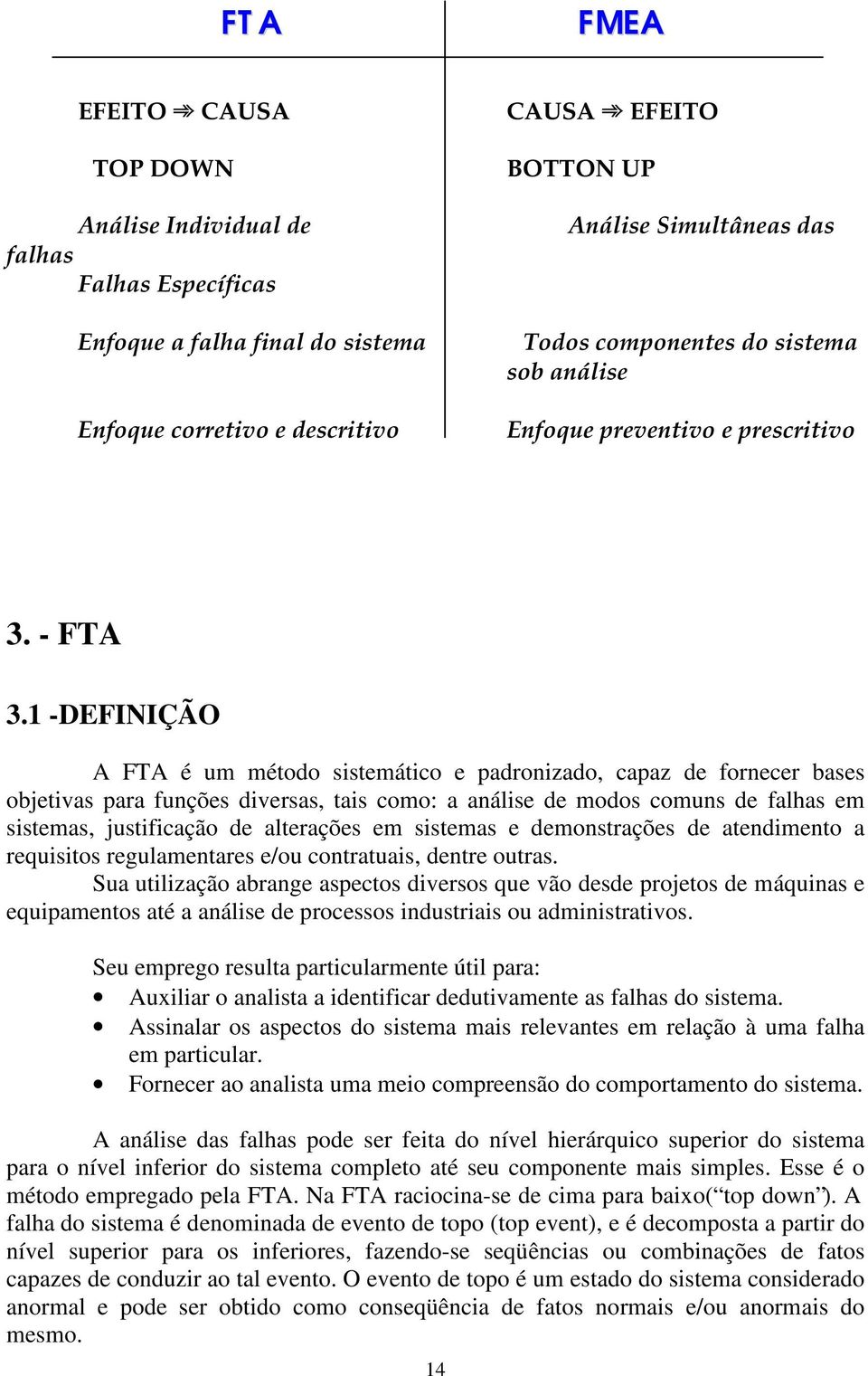 1 -DEFINIÇÃO A FTA é um método sistemático e padronizado, capaz de fornecer bases objetivas para funções diversas, tais como: a análise de modos comuns de falhas em sistemas, justificação de